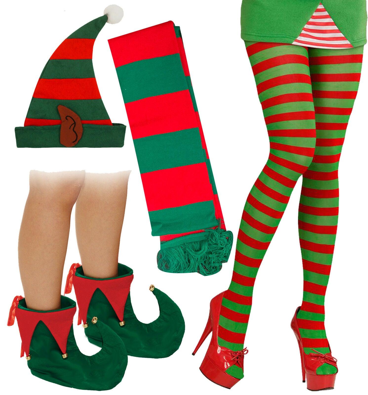 Ladies Christmas Santa Helper Elf Hat Stripy tights Scarf Shoes Xmas Fancy Dress - Labreeze