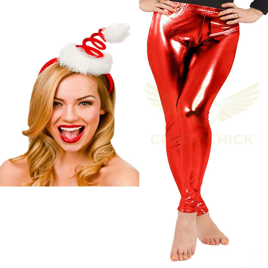 Ladies Christmas Santa Spiral headband Red metallic legging Xmas Fancy Dress - Labreeze