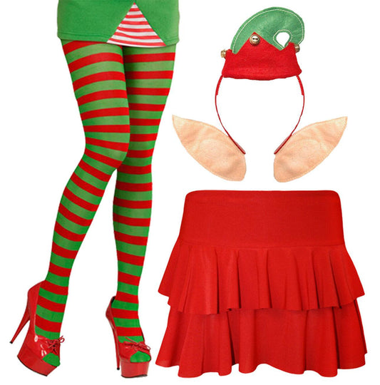 Ladies Christmas Sexy Santa Elf Tights Headbopper Rara Skirt Xmas Party Dress - Labreeze
