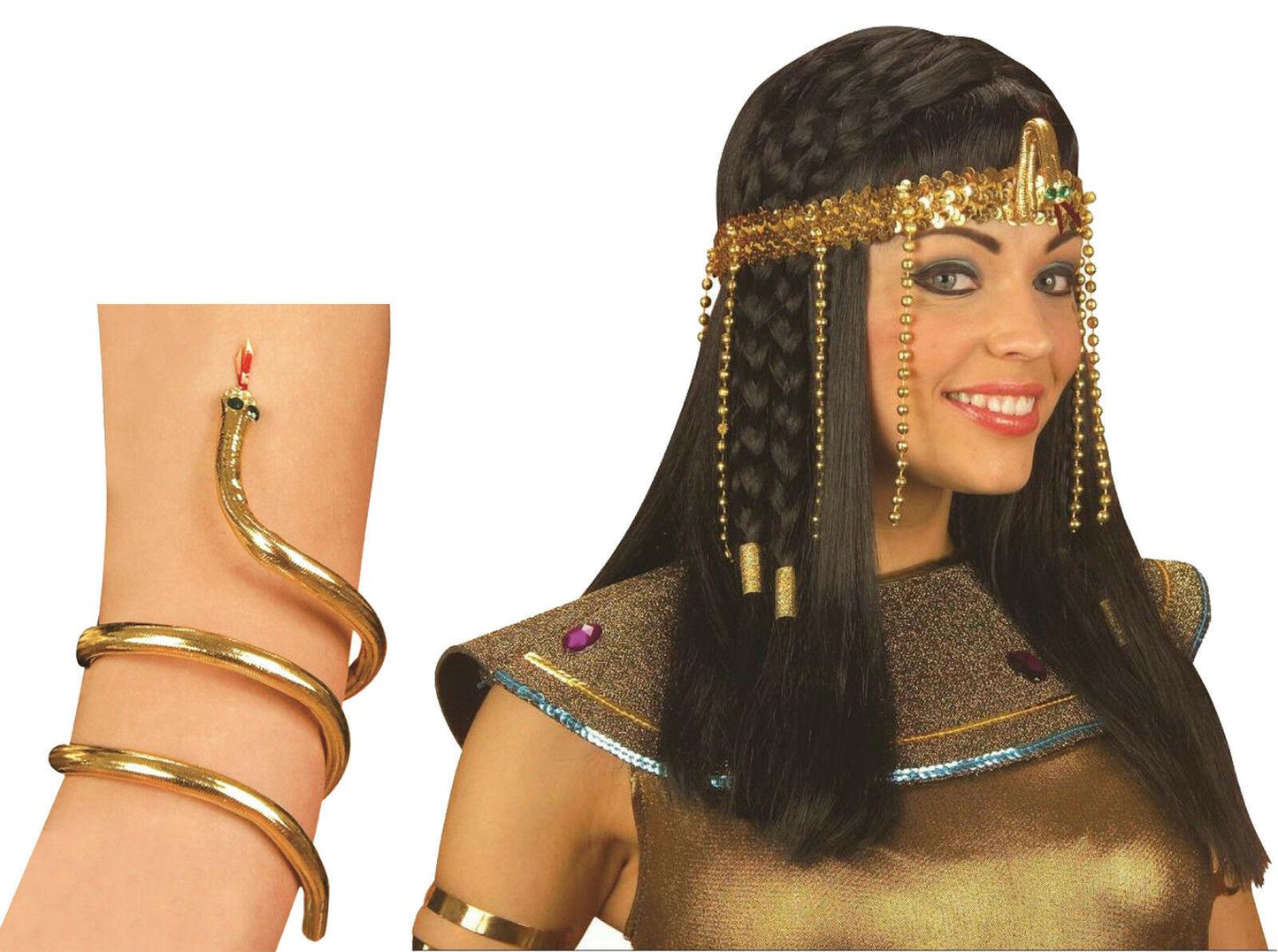Ladies Egyptian Gold Sequin Snake Headdress Armband Cleopatra Fancy Dress Set - Labreeze