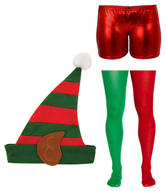 Ladies Elf Red Green Santa Tights Metallic Mini Shorts Headbopper Xmas Fancy Dre - Labreeze