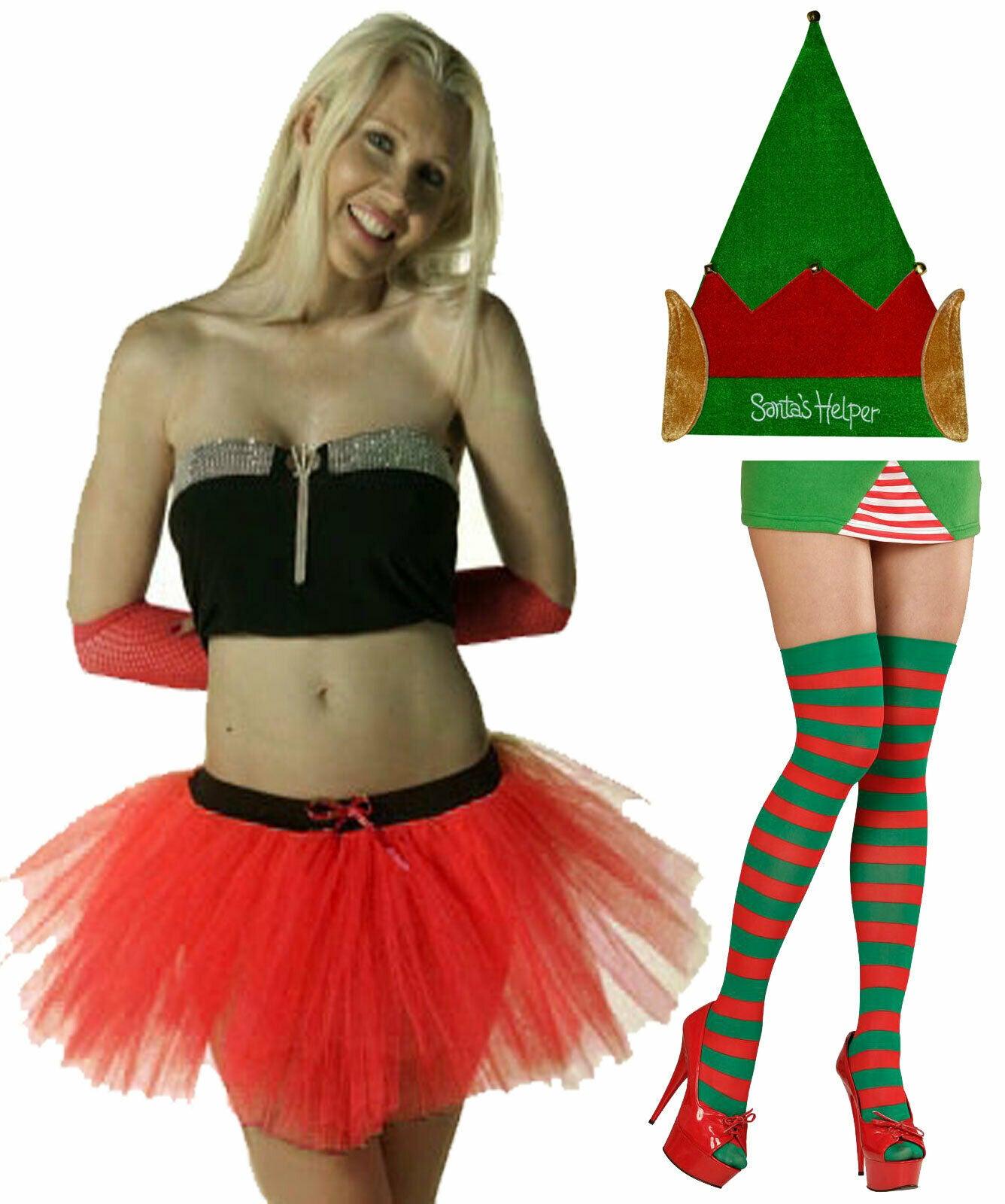 Ladies Elf Santa Helper Hat Red Tutu Skirt Socks Christmas Xmas Fancy Dress - Labreeze