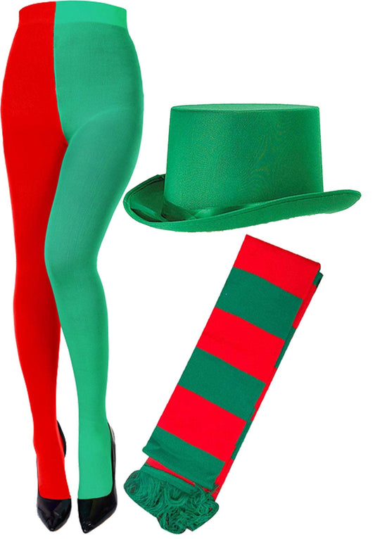 Ladies Elf Santa Helper Red Green Tights Satin Top Hat Scarf Christmas Fancy Dress - Labreeze