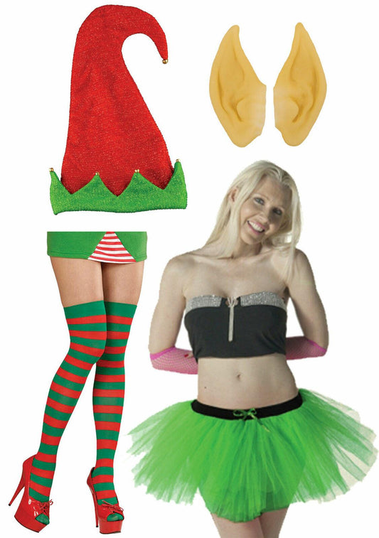 Ladies Elf Santa Helper Sparkly Hat Tutu Socks Ears Christmas Xmas Fancy Dress - Labreeze