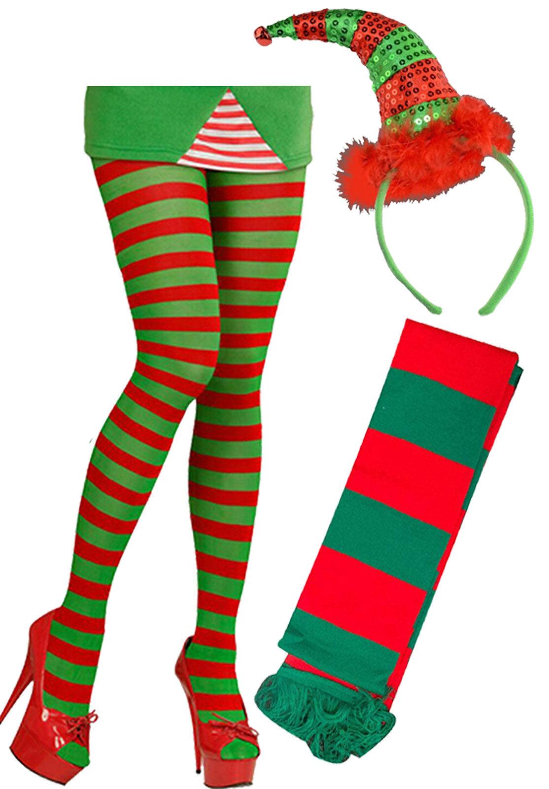 Ladies Elf Santa Helper Striped Scarf Tights Sequin Headband Christmas Fancy Dress - Labreeze
