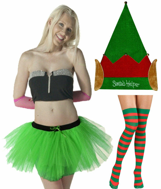 Ladies Elf Santa Helper Tutu Hat Striped OTK Socks Christmas Xmas Fancy Dress - Labreeze
