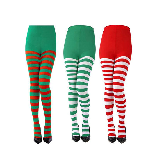 Ladies Elf Santa’s Helper Miss Santa Stripy Tights Christmas Xmas Novelty Party Fancy Dress - Labreeze