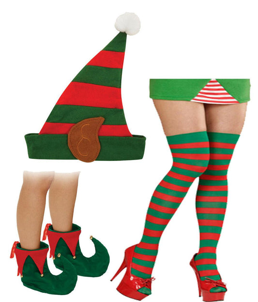 Ladies Elf Santa’s Helper Striped Socks Shoes Hat Christmas 3 Pc Fancy Dress - Labreeze