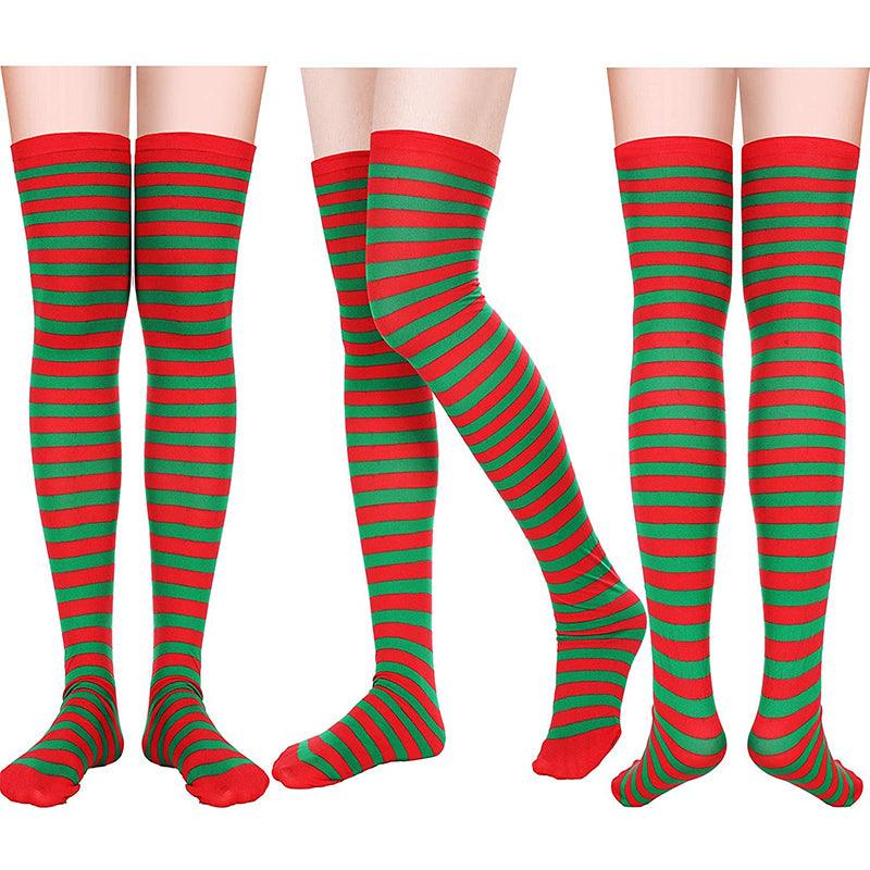 Ladies Elf Stripy Christmas Tree Candy Cane OTK Socks Christmas Xmas Fancy Dress - Labreeze