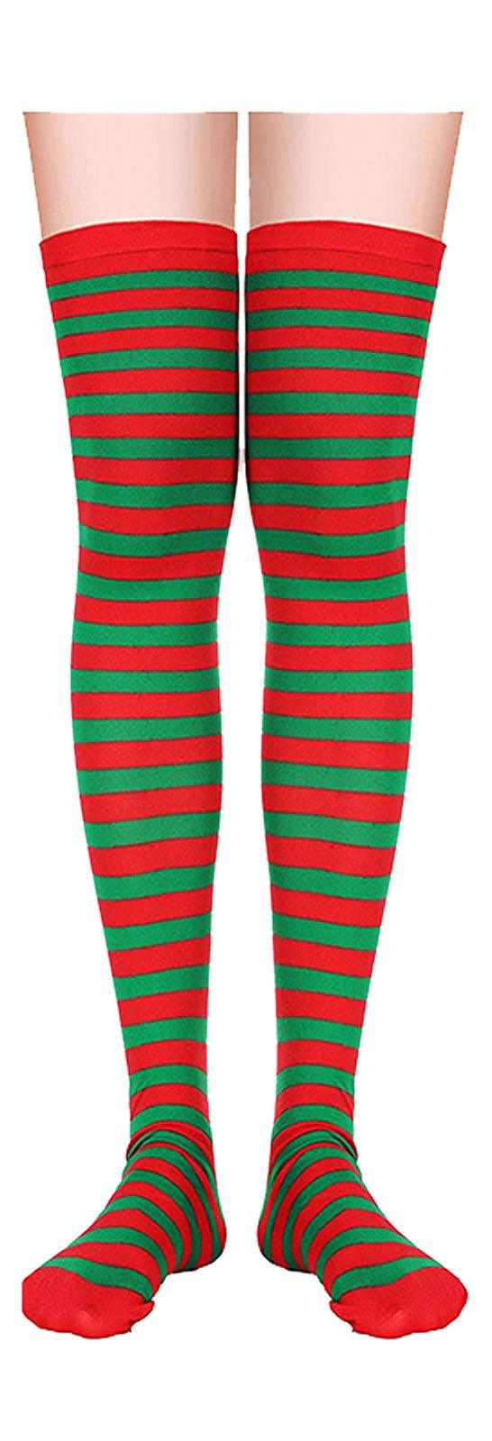 Ladies Elf Stripy Christmas Tree Candy Cane OTK Socks Christmas Xmas Fancy Dress - Labreeze