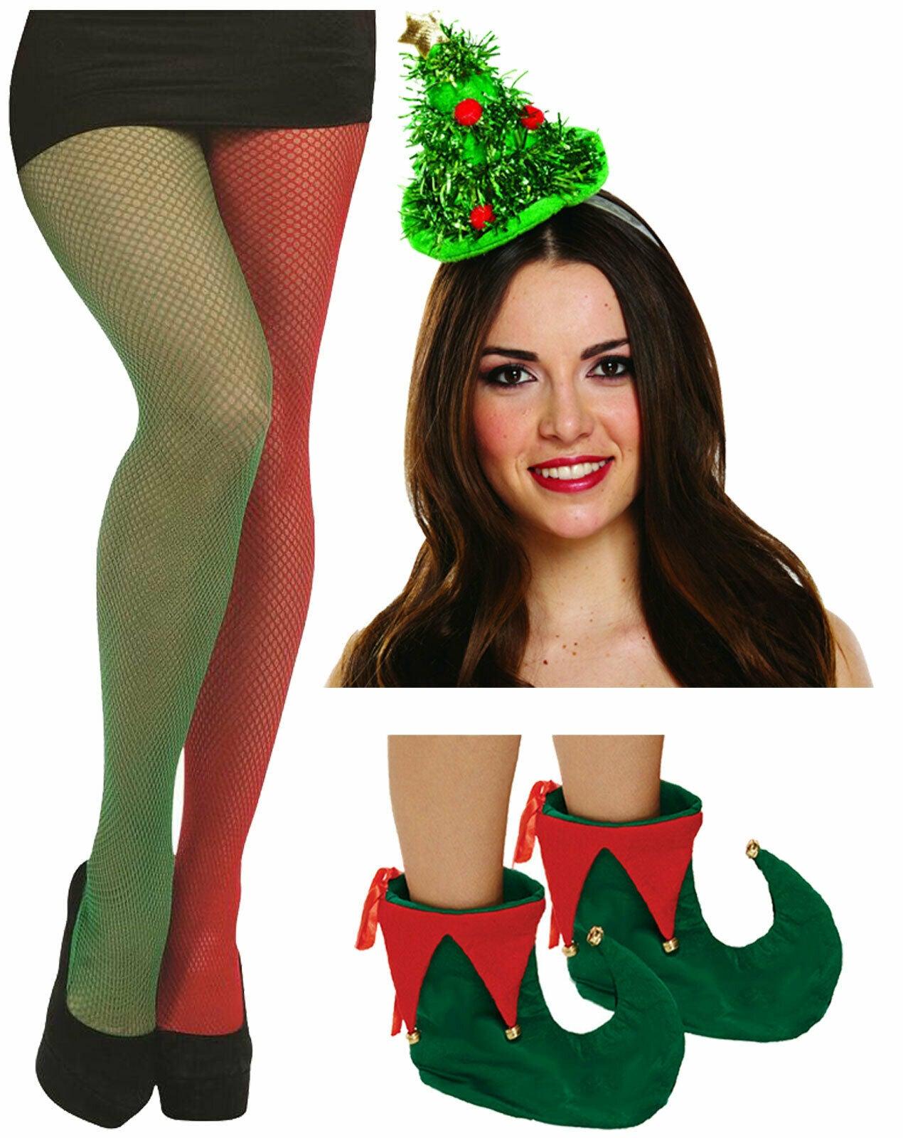 Ladies Fishnet Tights Elf Shoes Christmas Tree Hat Headband Xmas Fancy Dress - Labreeze