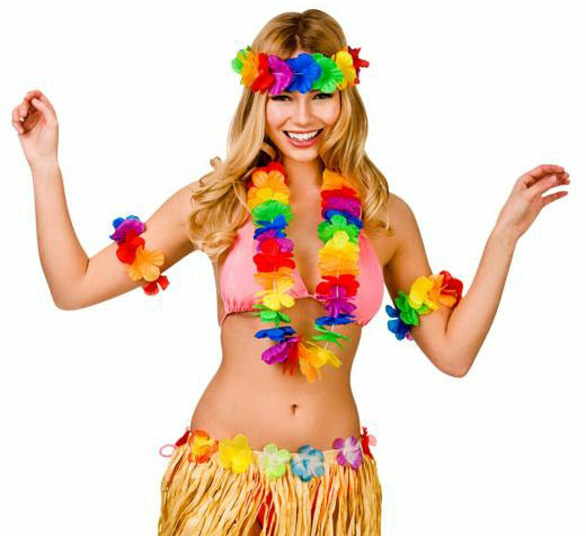 Ladies Girls 4 pc Hawaiian Lei Set Waikiki Fancy Dress Summer Party Luau Flower - Labreeze
