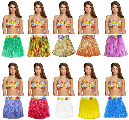 Ladies Girls 40 Cm Hula Grass Skirt Flower Bra Hawaiian Summer Beach Party Set - Labreeze
