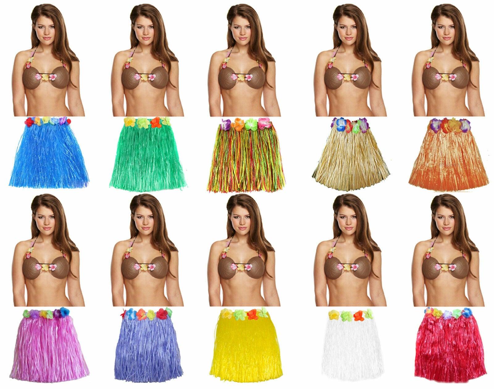 Ladies Girls 40 Cm Hula Grass Skirt Plastic Coconut Bra Hawaiian Beach Costume - Labreeze