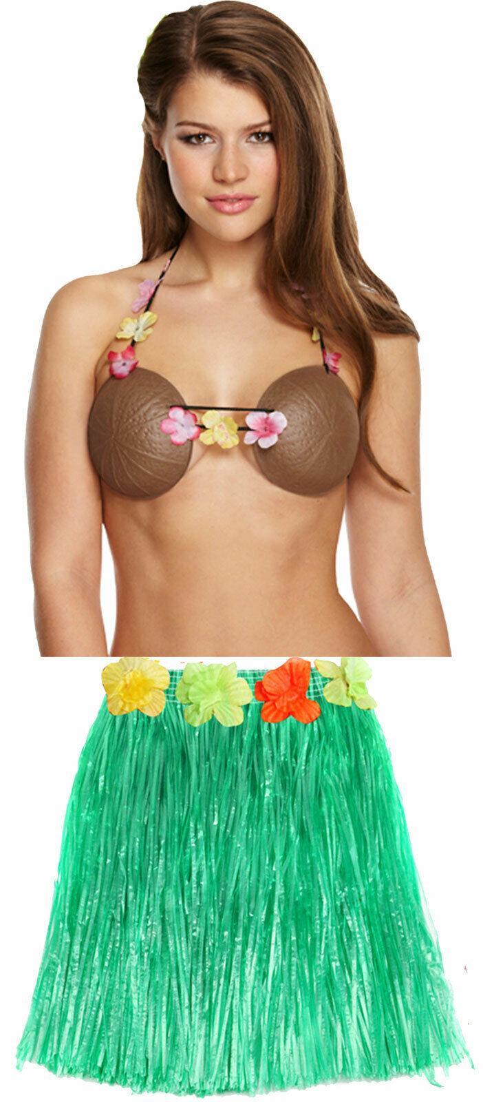 Ladies Girls 40 Cm Hula Grass Skirt Plastic Coconut Bra Hawaiian Beach Costume - Labreeze