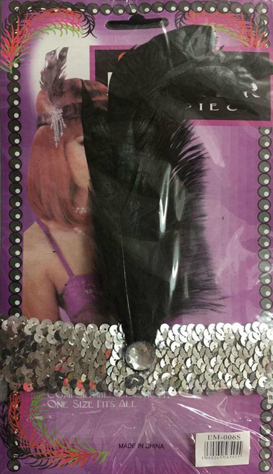 Ladies Girls Charleston Silver Sequin Gatsby Flapper Headband with Feathers - Labreeze