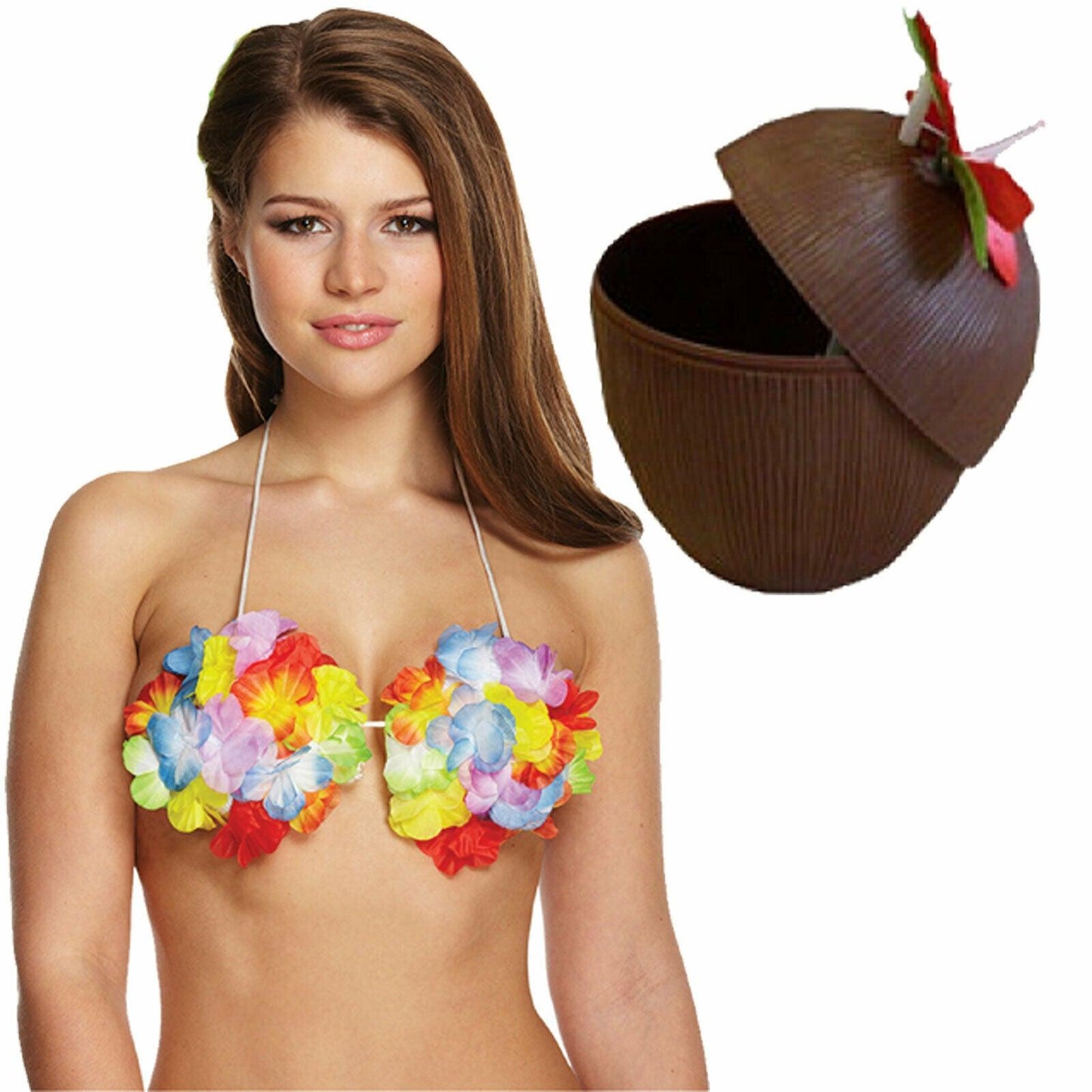 Ladies Girls Flower Hula Bra Coconut Cup Beach Hawaiian Beach Summer Party Set - Labreeze