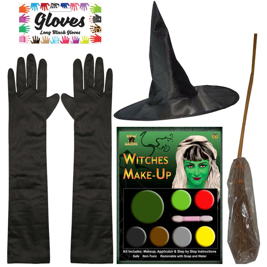 Ladies Girls Halloween Witch Hat Witch Makeup Black Gloves Broom Horror Party - Labreeze