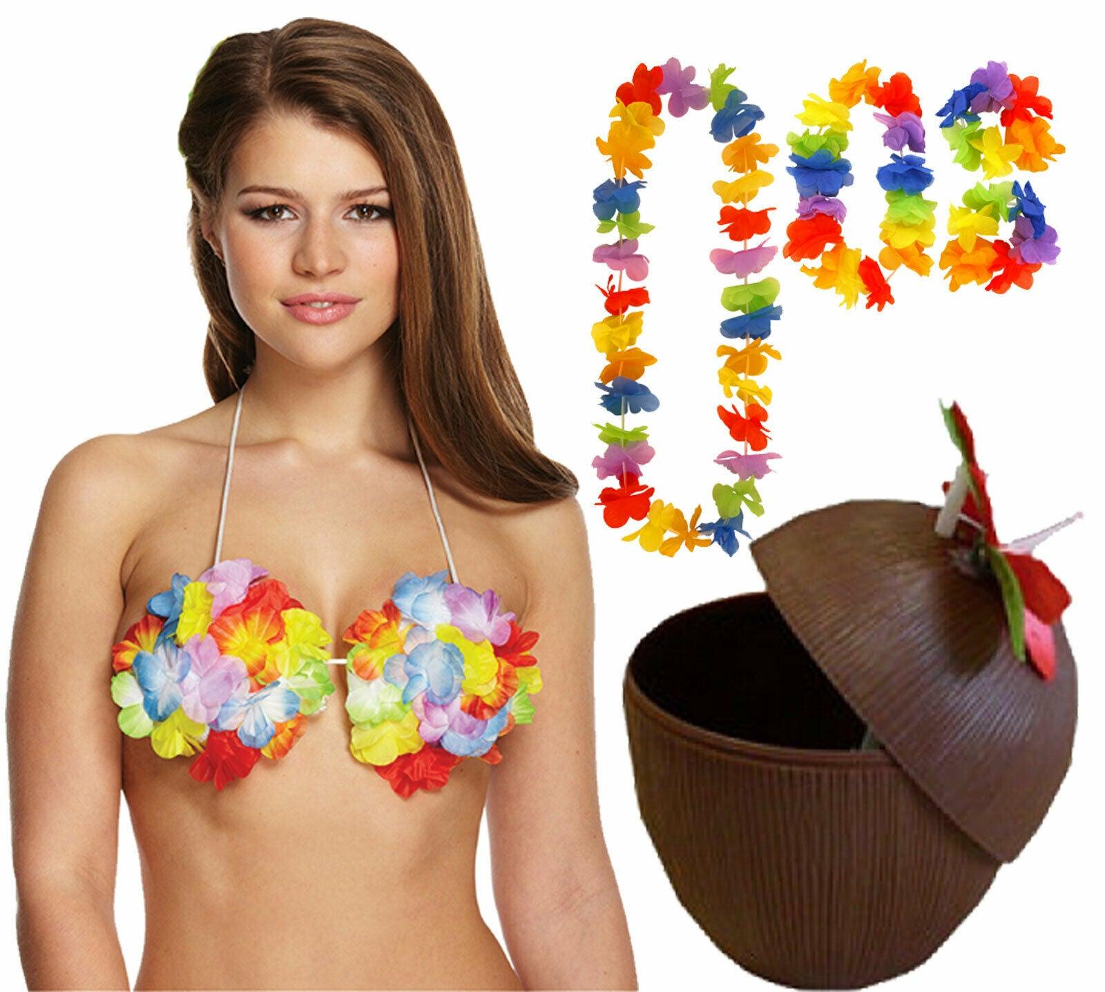 Ladies Girls Hawaiian Flower Hula Bra with 4 Pc Lei Set Beach Party Fancy Dress - Labreeze