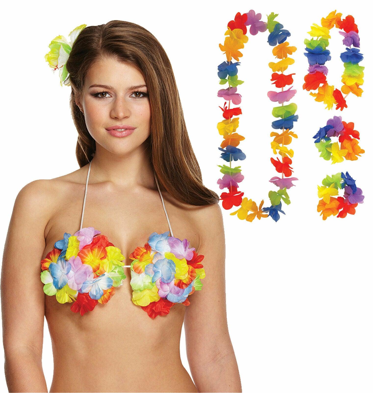 Ladies Girls Hawaiian Flower Hula Bra with 4 Pc Lei Set Beach Party Fancy Dress - Labreeze