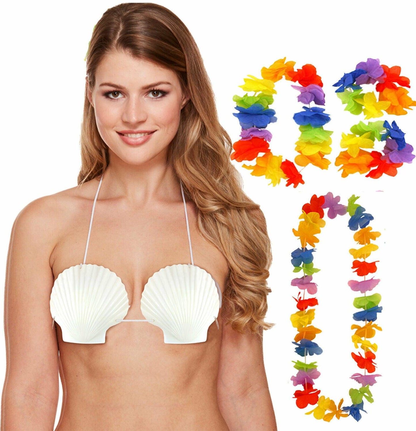 Ladies Girls Hawaiian Sea Shell Bra with 4 Pc Lei Beach Party Fancy Dress Set - Labreeze