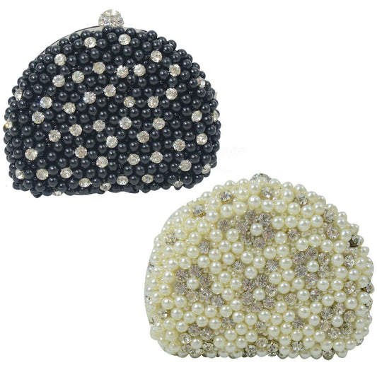 Ladies Girls Pearl Beaded Rhinestone Clutch Bag Wedding Evening Party Box Purse - Labreeze