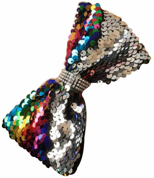 Ladies Girls Reversible Sequin Rainbow Silver Bow Clip Fancy Dress Accessory - Labreeze