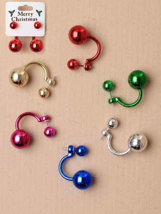 Ladies Girls Shiny Bauble Double Ball Stud Dangle Earrings Christmas Fancy Dress - Labreeze