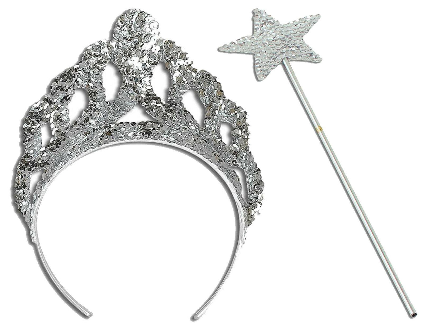 Ladies Girls Silver Tiara & Wand Princess Crown Christmas Party Accessories Set - Labreeze