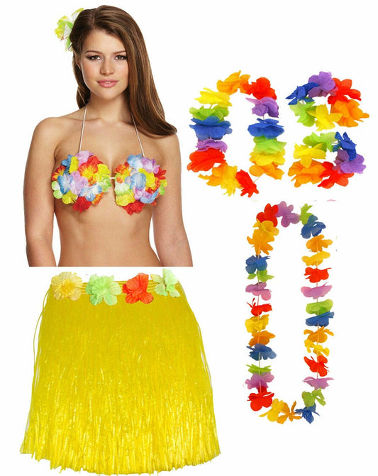Ladies Girls Yellow 40 Cm Hula Skirt Lei Flower Bra Hawaiian Summer Party Dress - Labreeze