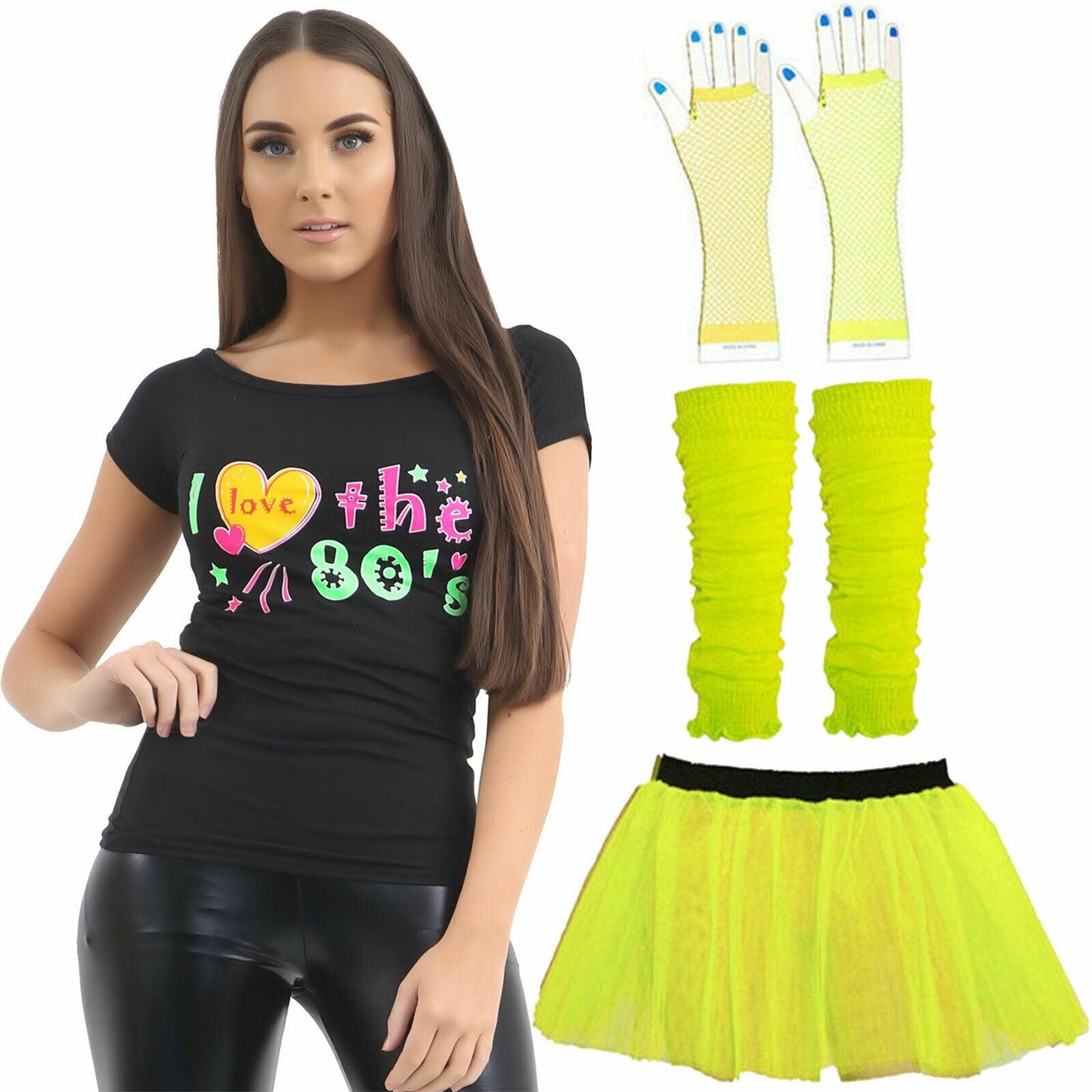 Ladies Girls Yellow Tutu T-shirt Gloves Leg Warmers 80’s Neon Festival Party Set - Labreeze