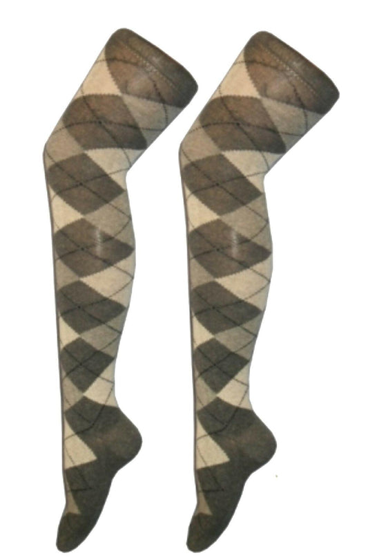 Ladies Grey Diamante Argyle Thigh High Girls Stretchy Over the Knee Socks - Labreeze