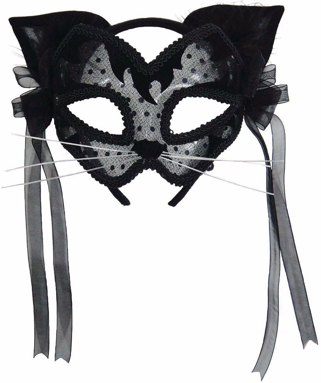 Ladies Halloween Black Cat Mask with Felt and Lace & Cape Fancy Dress Outfit - Labreeze