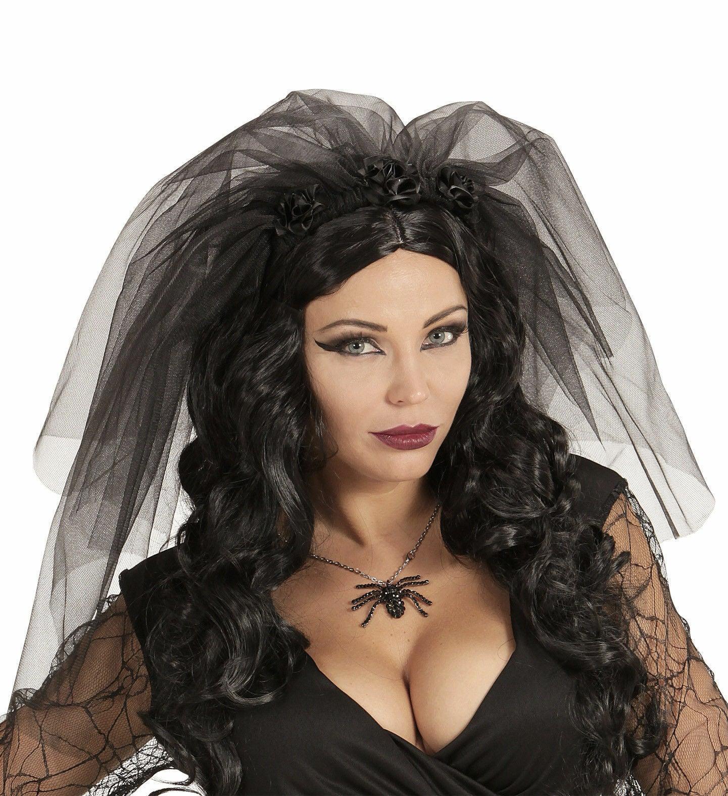 Ladies Halloween Black Widow Veil Detail Alice Band Bride Headband - Labreeze