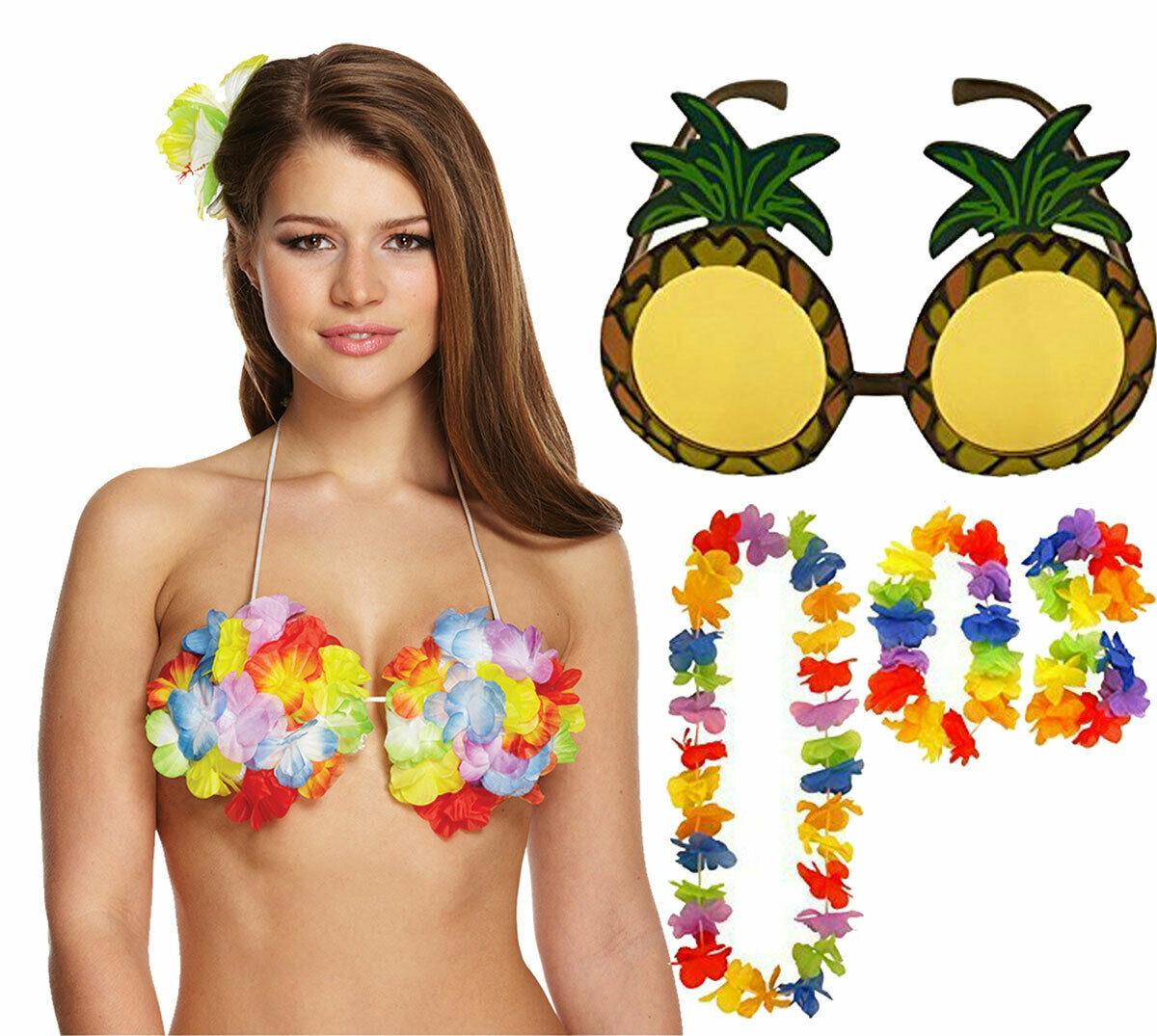 Ladies Hawaiian Flower Bra Pineapple Glasses 4 Pcs Lei Set Hula Fancy Dress - Labreeze