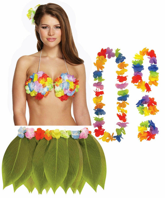 Ladies Hawaiian Hula Flower Bra Leaf Skirt 4Pcs Lei Set Beach Party Fancy Dress - Labreeze