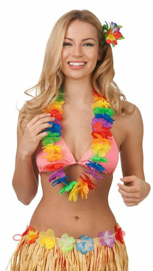 Ladies Hawaiian Multi Hula Flower Neck Garland Luau Waikiki Fancy Dress Lei - Labreeze