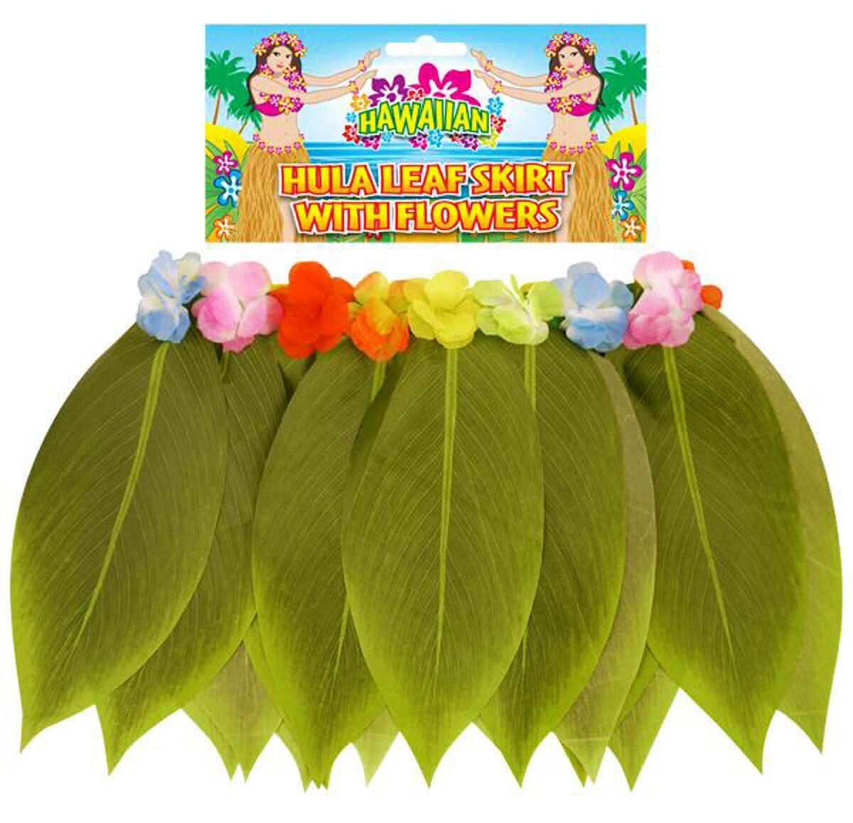 Ladies Hula Leaf Skirt with Flowers Adults Hawaiian Beach Fancy Dress Party - Labreeze