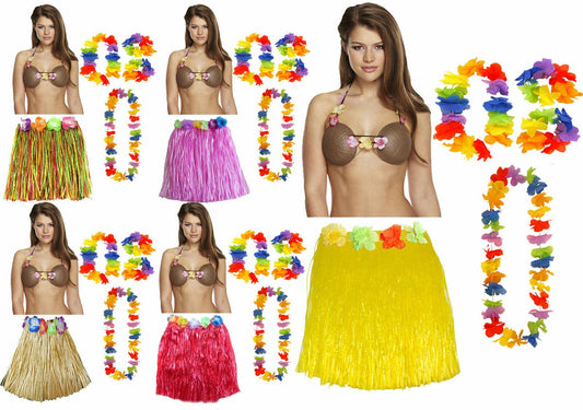 Ladies Hula Skirt 40 cm 4 Pcs Lei Set Coconut Bra Hawaiian Beach Party Costume - Labreeze