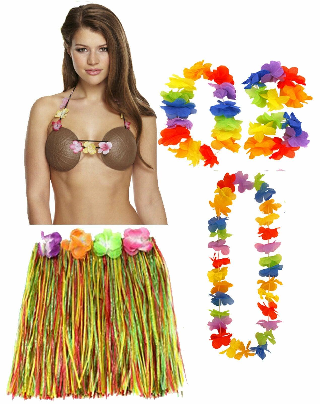 Ladies Hula Skirt 40 cm 4 Pcs Lei Set Coconut Bra Hawaiian Beach