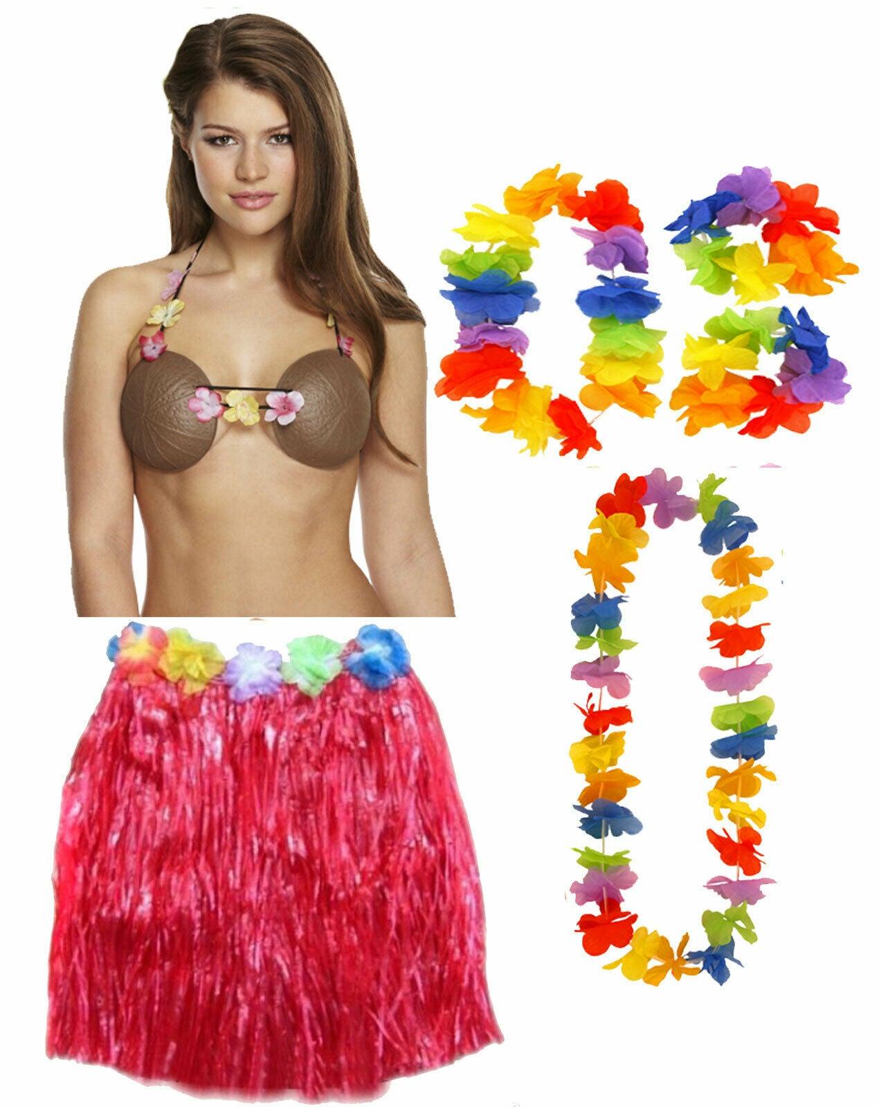 Ladies Hula Skirt 40 cm 4 Pcs Lei Set Coconut Bra Hawaiian Beach Party Costume - Labreeze