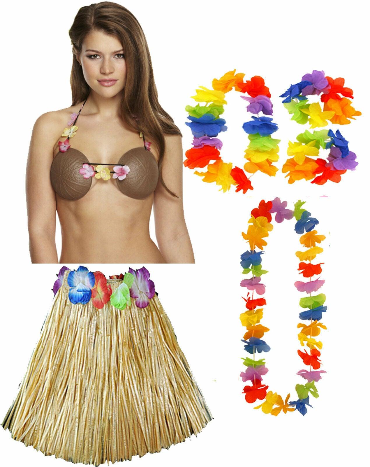 Ladies Hula Skirt 40 cm 4 Pcs Lei Set Coconut Bra Hawaiian Beach Party Costume - Labreeze