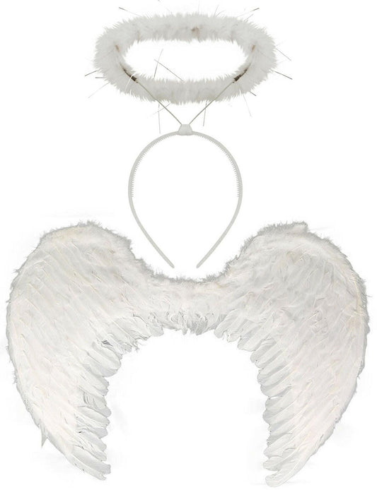 Ladies Large Feather Angel Wings White Fluffy Halo Fairy Tale Party Fancy Dress - Labreeze