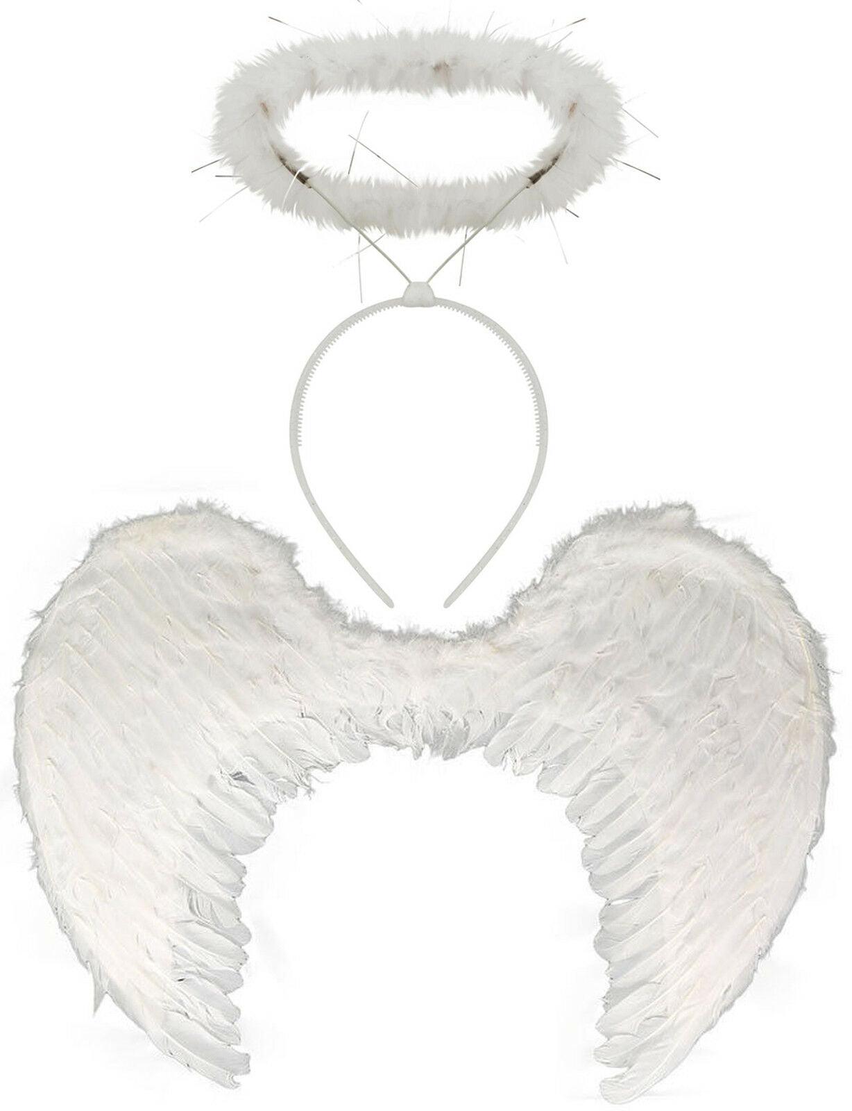 Ladies Large Feather Angel Wings White Fluffy Halo Fairy Tale Party Fancy Dress - Labreeze