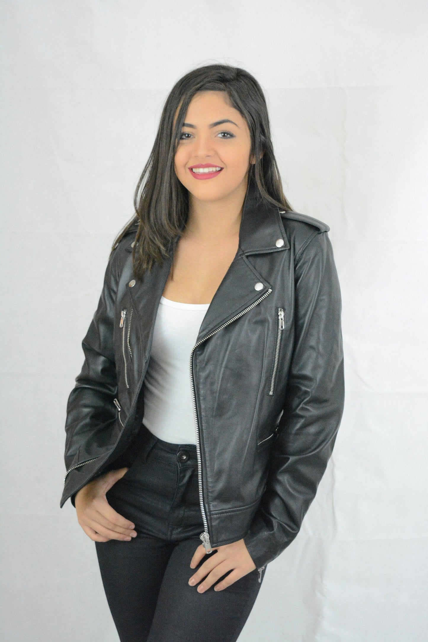 Ladies Leather Black Biker Jacket Sheep Skin A Grade Quality Size M - Labreeze