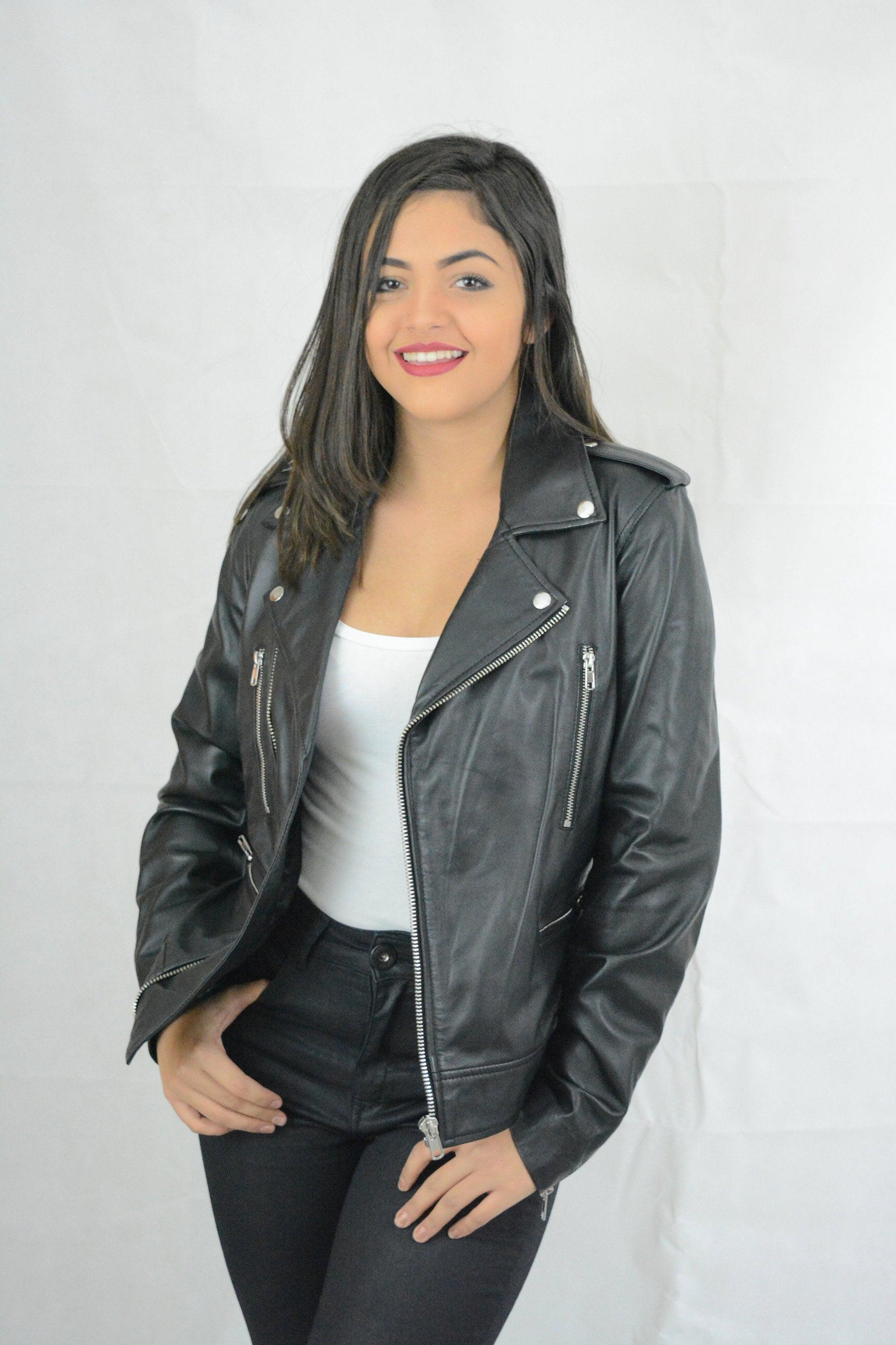 Ladies Leather Black Biker Jacket Sheep Skin A Grade Quality Size M - Labreeze