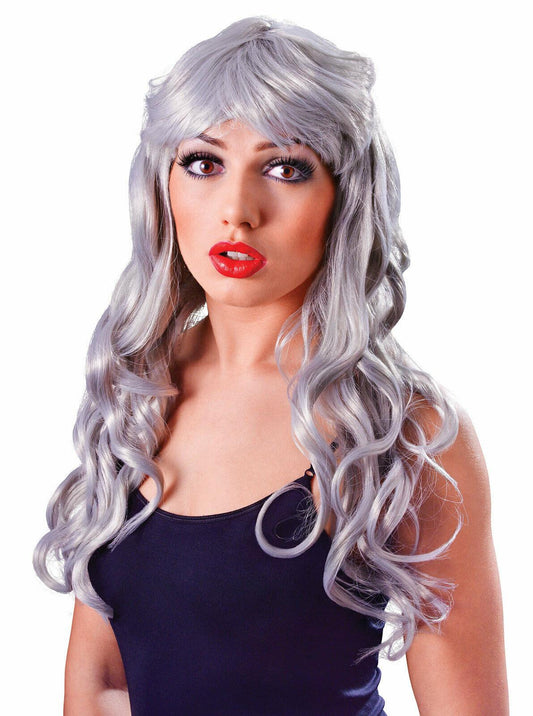 Ladies Long Curly Temptress Gothic Grey Wig Halloween Horror Party Accessory - Labreeze