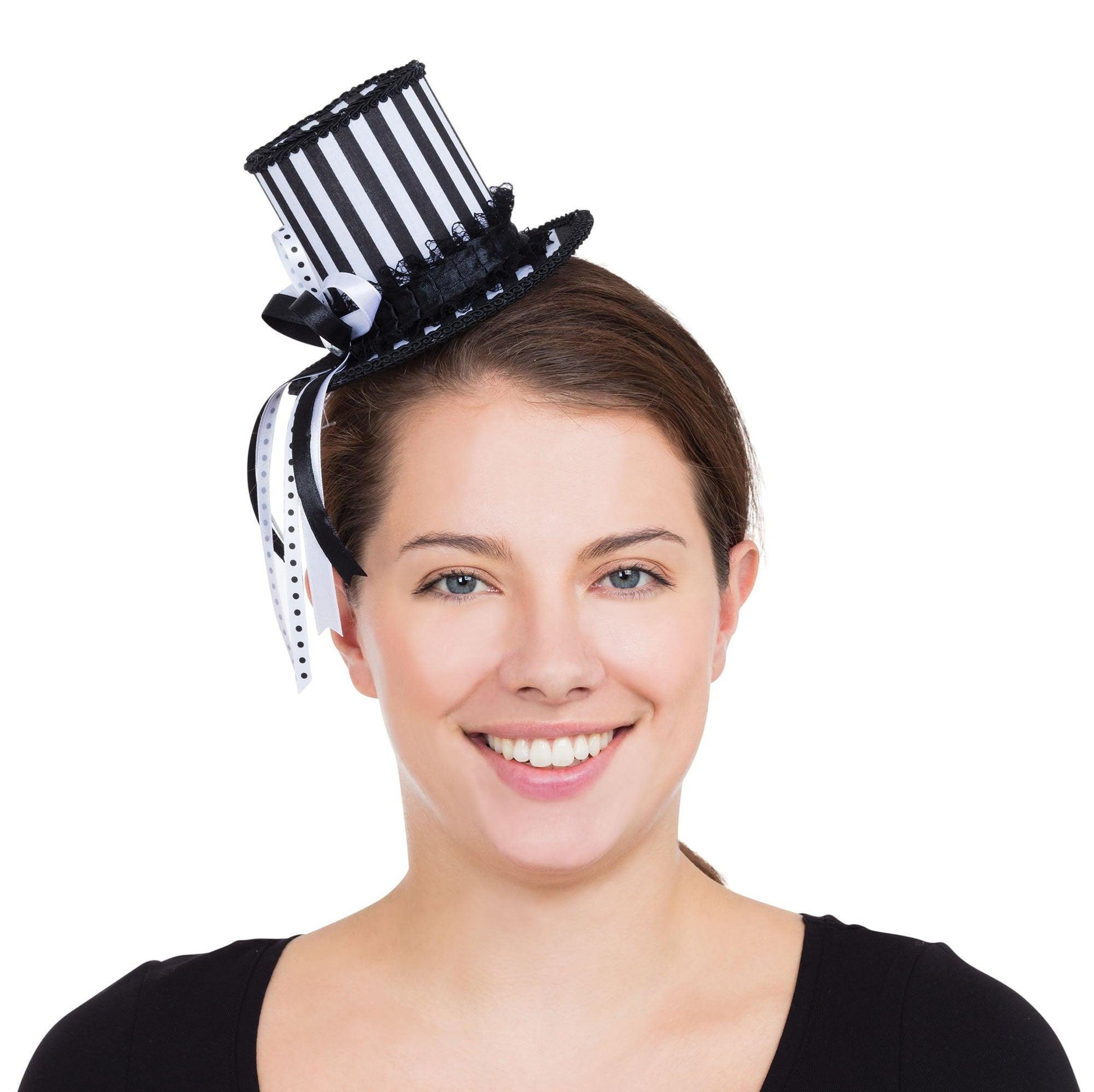 Ladies Mini Harlequin Striped Top Hat with Hair Clips Jester Circus fancy dress events - Labreeze