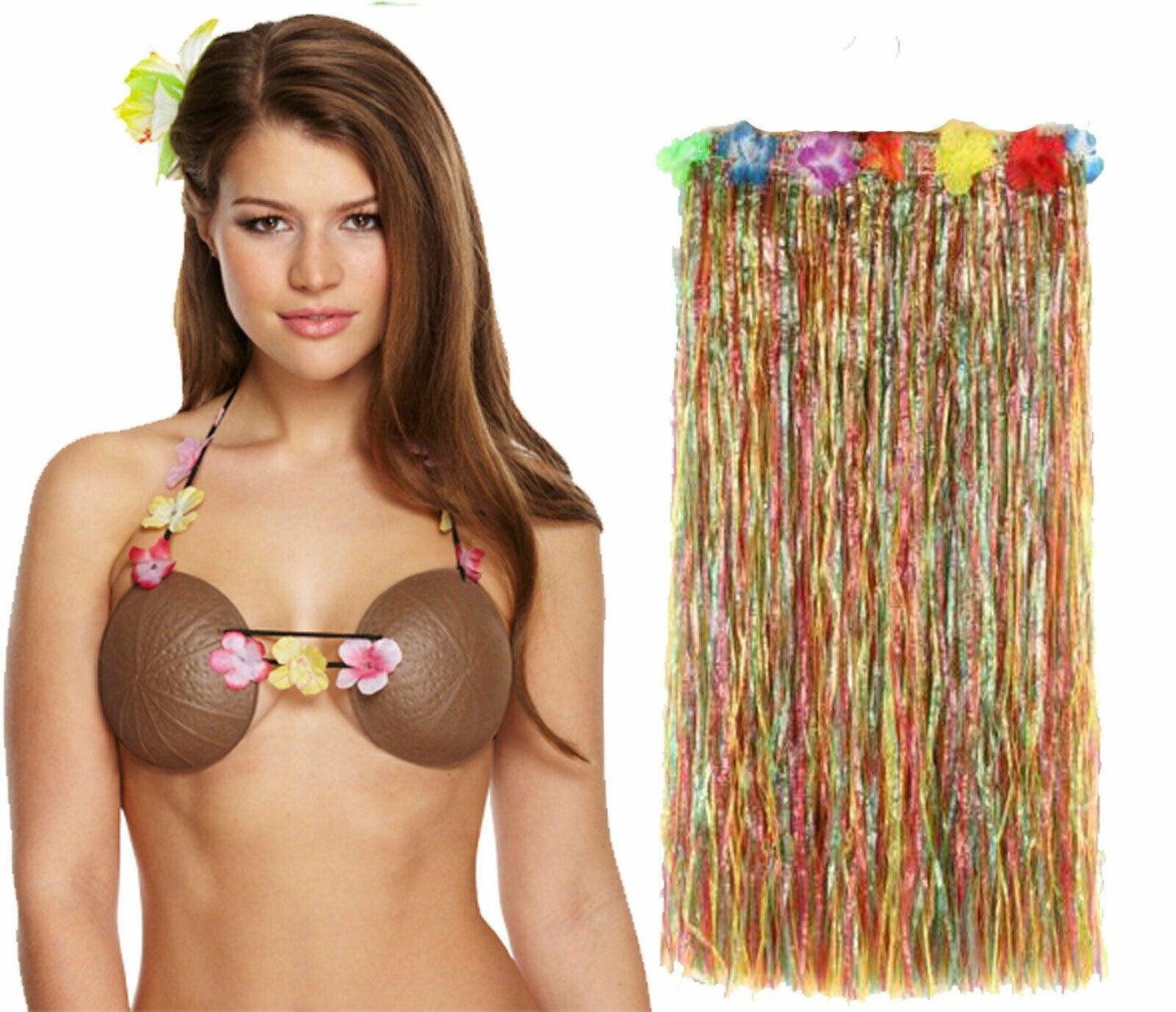 Ladies Plastic Coconut Bra with Multi Hula Skirt Hawaiian Beach Party Set - Labreeze