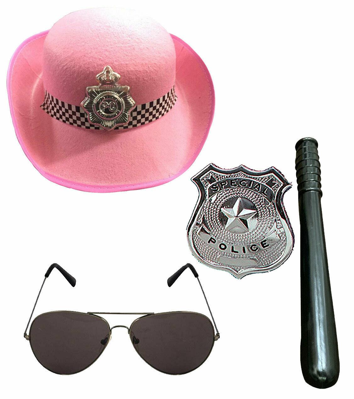 Ladies Police Constable Pink Hat Glasses Badge Truncheon Fancy Dress Party Set - Labreeze